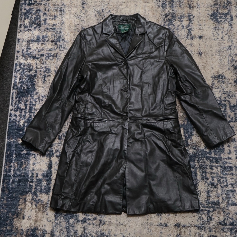 Vintage Lauren Ralph Lauren Black Leather Coat Jacket Womens L Trench Car Coat